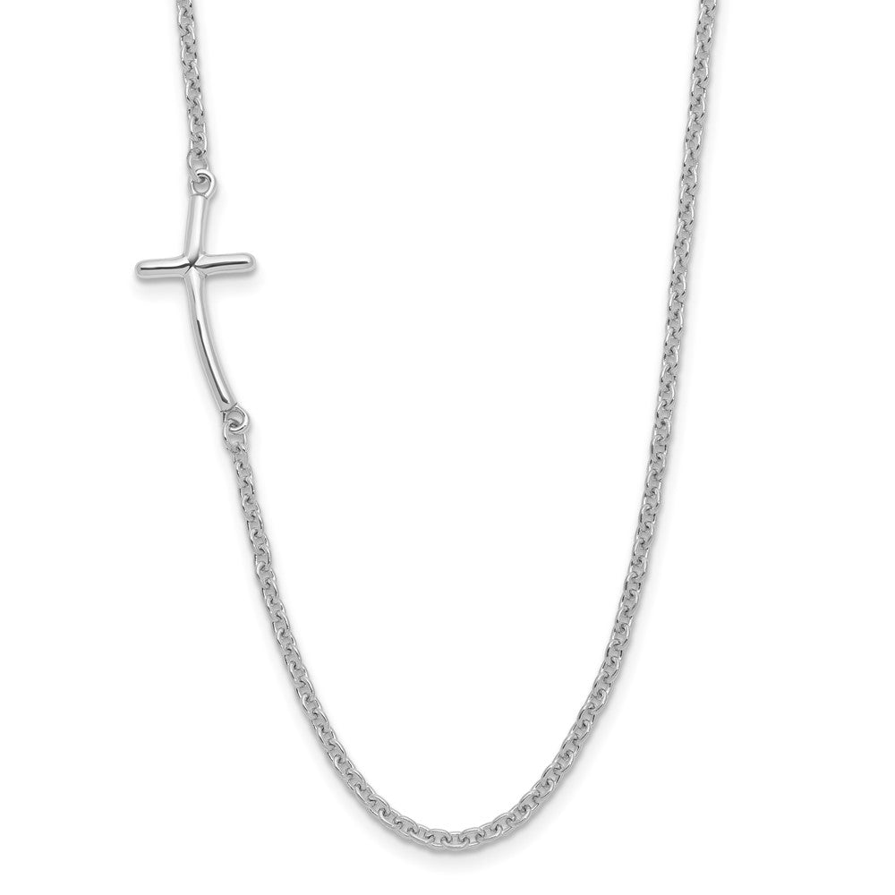 Sterling Silver Rh-plated Small Off-Set Sideways Curved Cross Necklace, 19 x 10.2 mm