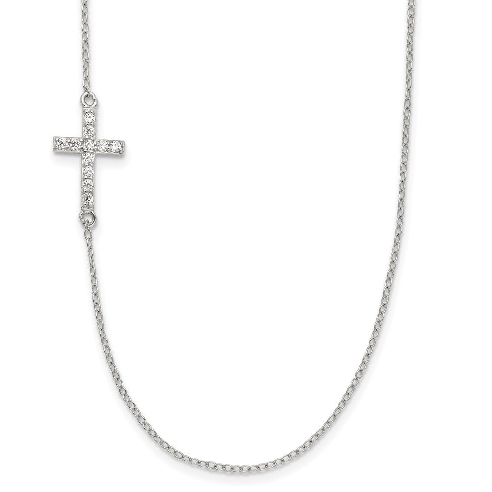 Sterling Silver Rhod-pltd CZ Offset Sideways Cross w/2in Ext Necklace, 18 x 9.6 mm