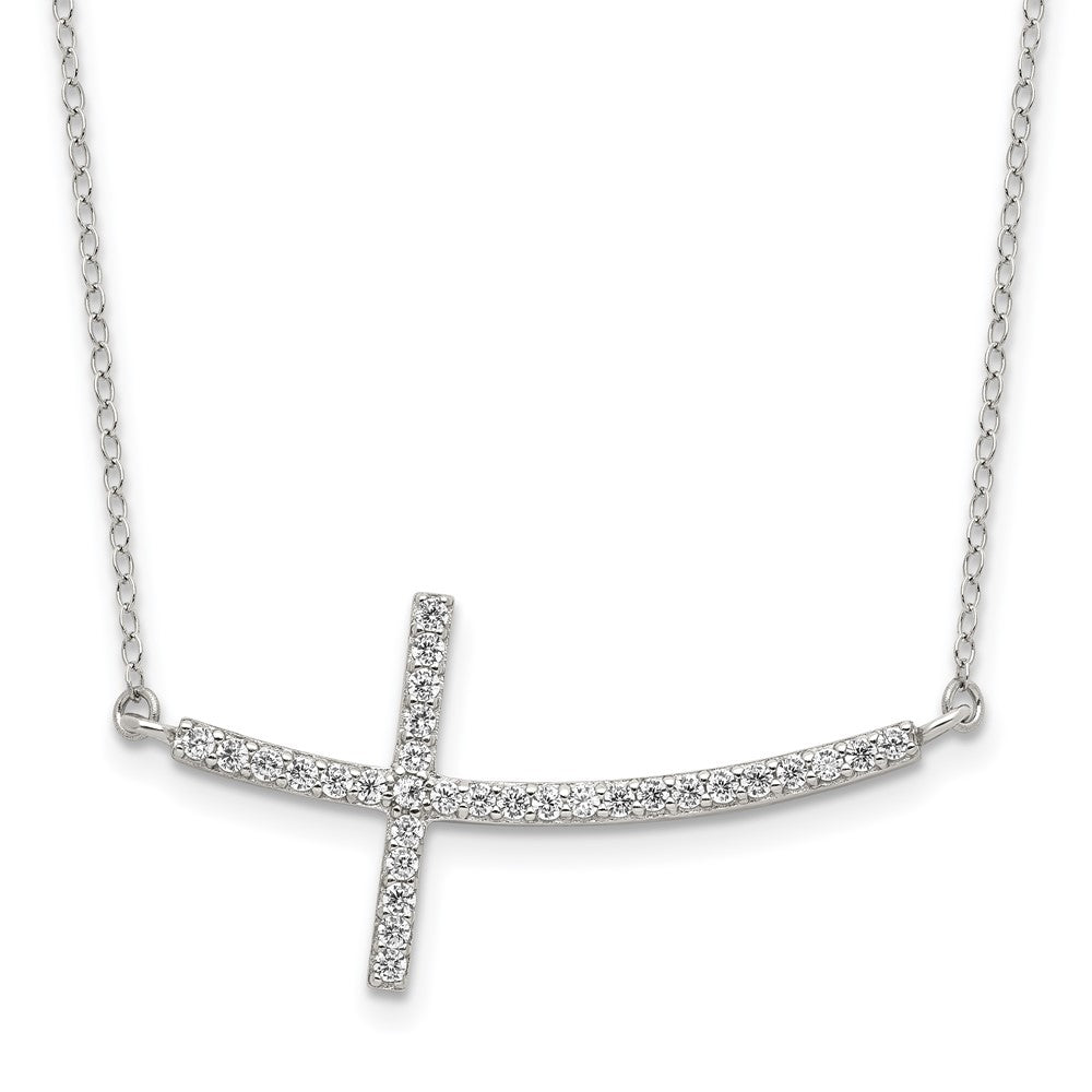 Sterling Silver Rhodium-plated CZ Sideways Cross w/2in Ext Necklace, 18 x 18.7 mm