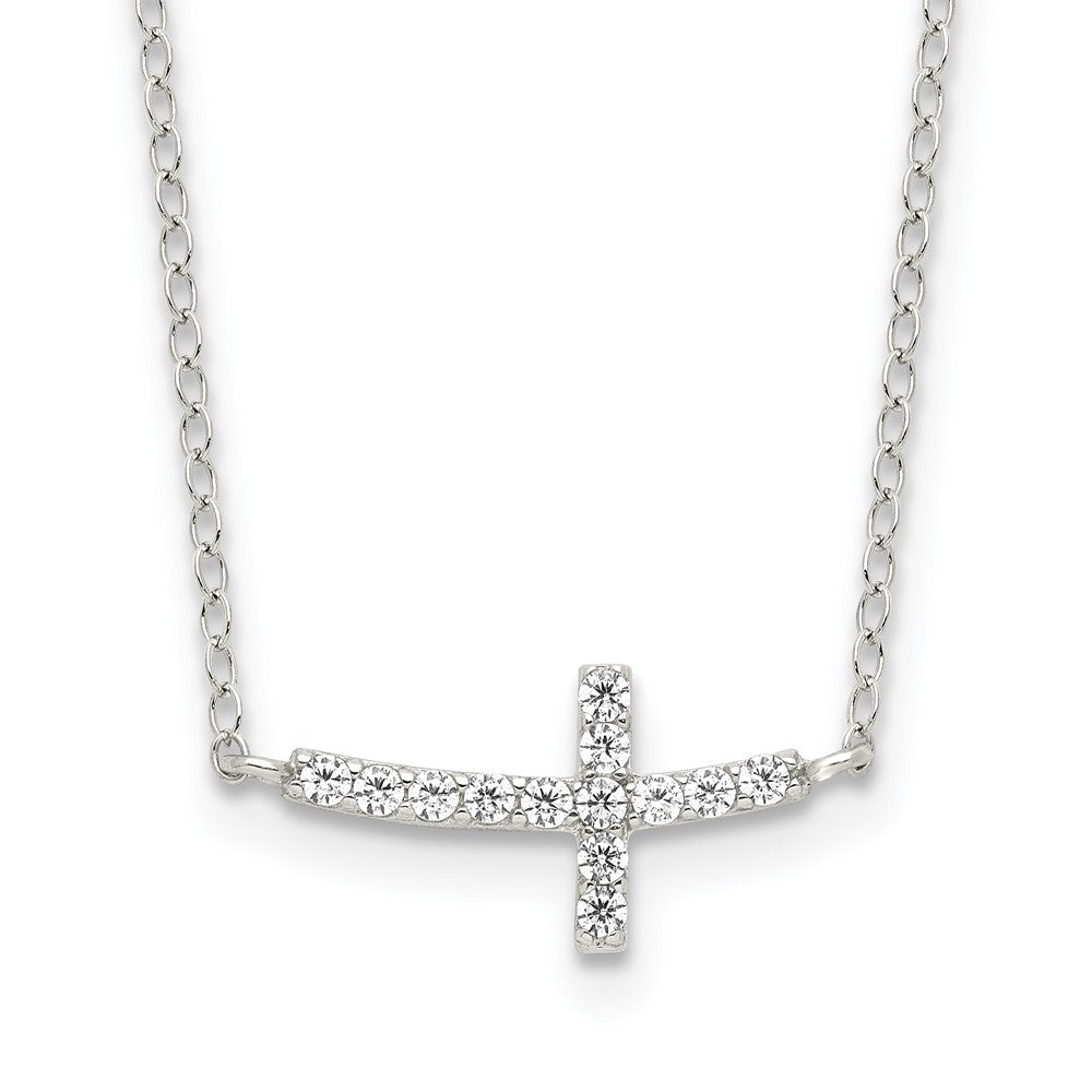 Sterling Silver Rhodium-plated CZ Sideways Cross w/2in Ext Necklace, 18 x 8.2 mm