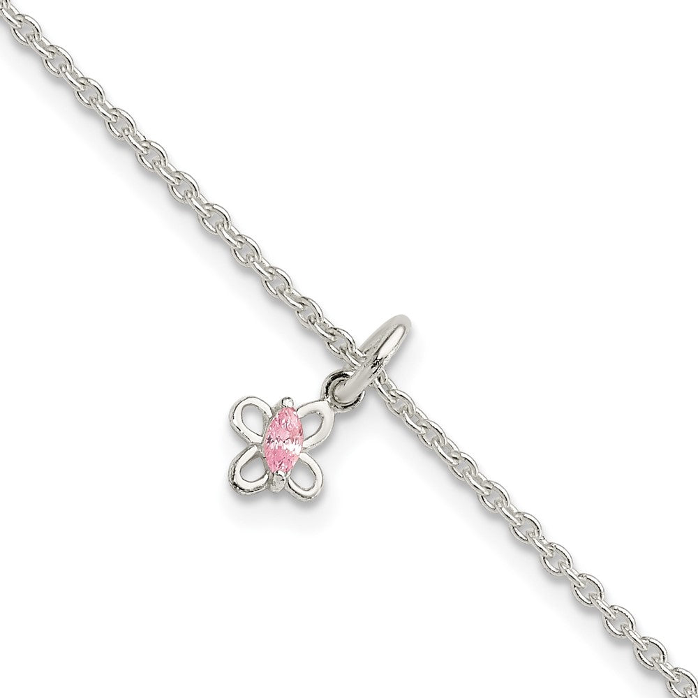 Sterling Silver Polished Pink CZ Butterfly w/ 1.5in Ext. Children's Bracele, 6.5 x 10 mm