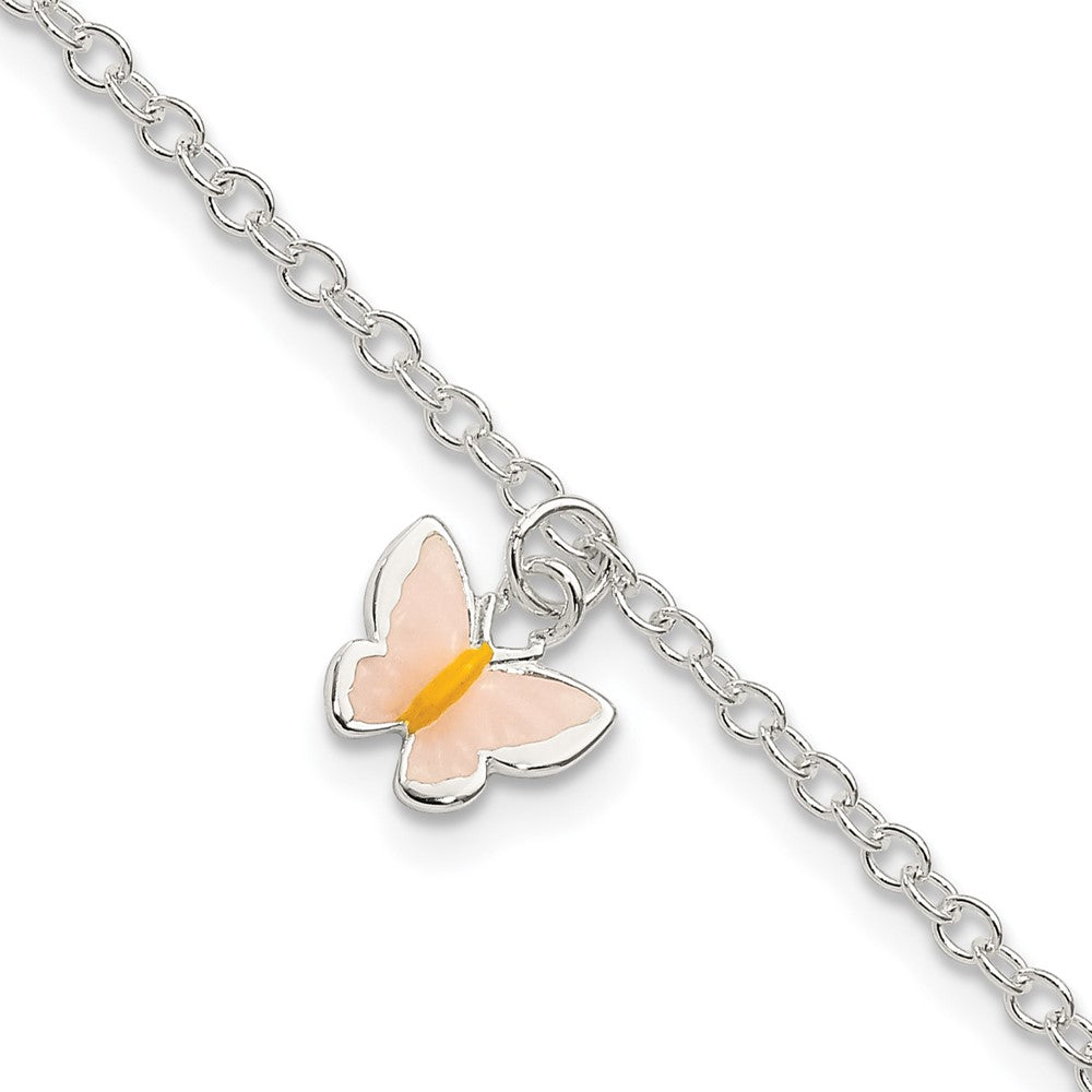 Sterling Silver Polished Enamel Butterfly w/ 1.5in ext. Childrens Bracelet, 7 x 9 mm