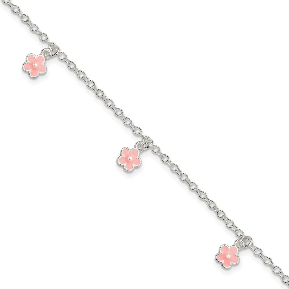 Sterling Silver Polished Pink Enamel Flowers w/1.5in Ext Children's Bracele, 7 x 9 mm
