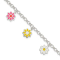 Sterling Silver Polished Multi-color Enamel Flowers Children's Bracelet, 6 x 14 mm