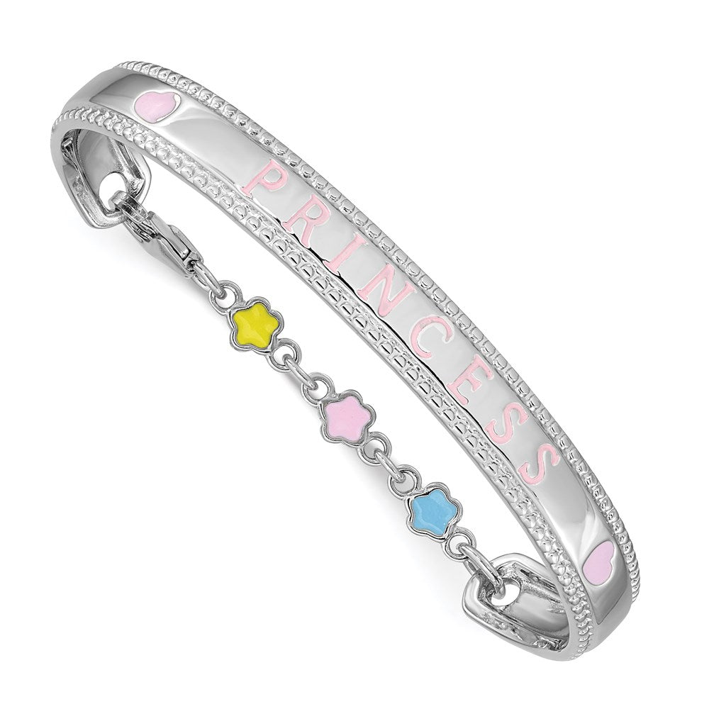 Sterling Silver Rhodium-plated Polished & Beaded Multi-color Enameled Flowers & Hearts PRINCESS with Chain Baby Bangle, 4.9 x 6 mm