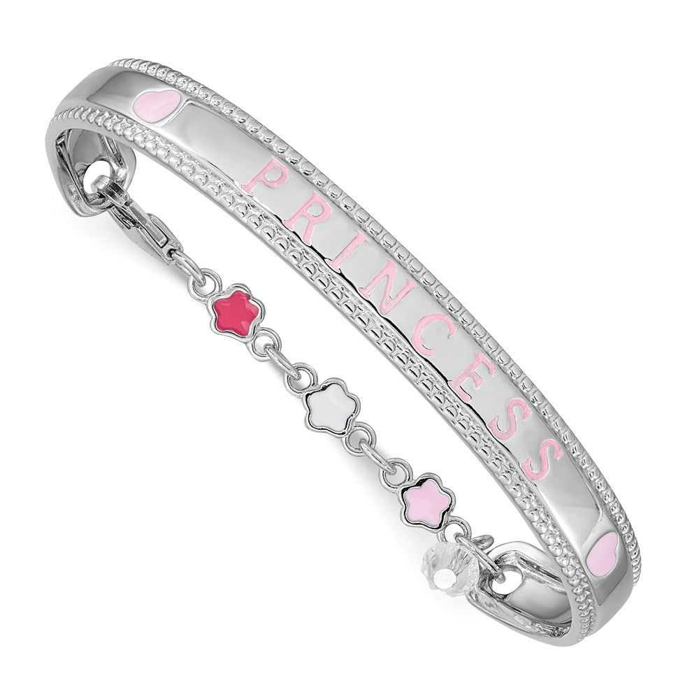 Sterling Silver Rhodium-plated Polished & Beaded Crystal & Multi-color Enameled PRINCESS with Chain Baby Bangle, 4.9 x 6 mm