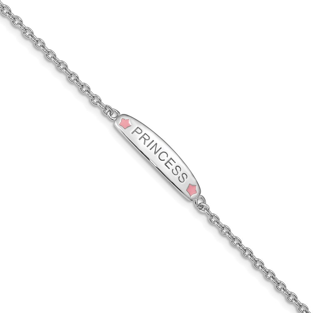 Sterling Silver Rhodium-plated Polished & Pink Enameled PRINCESS with 1 Inch Extension Children's Bracelet, 7 x 6 mm