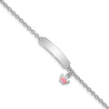Sterling Silver Rhodium-plated Polished & Pink Enameled Crown with 1 Inch Extension Children's ID Bracelet, 7 x 6 mm