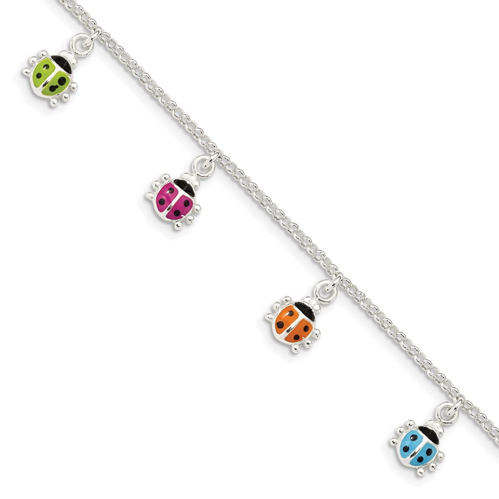 Sterling Silver Polished Multi-color Enameled Ladybugs Children's Bracelet, 6 x 12 mm