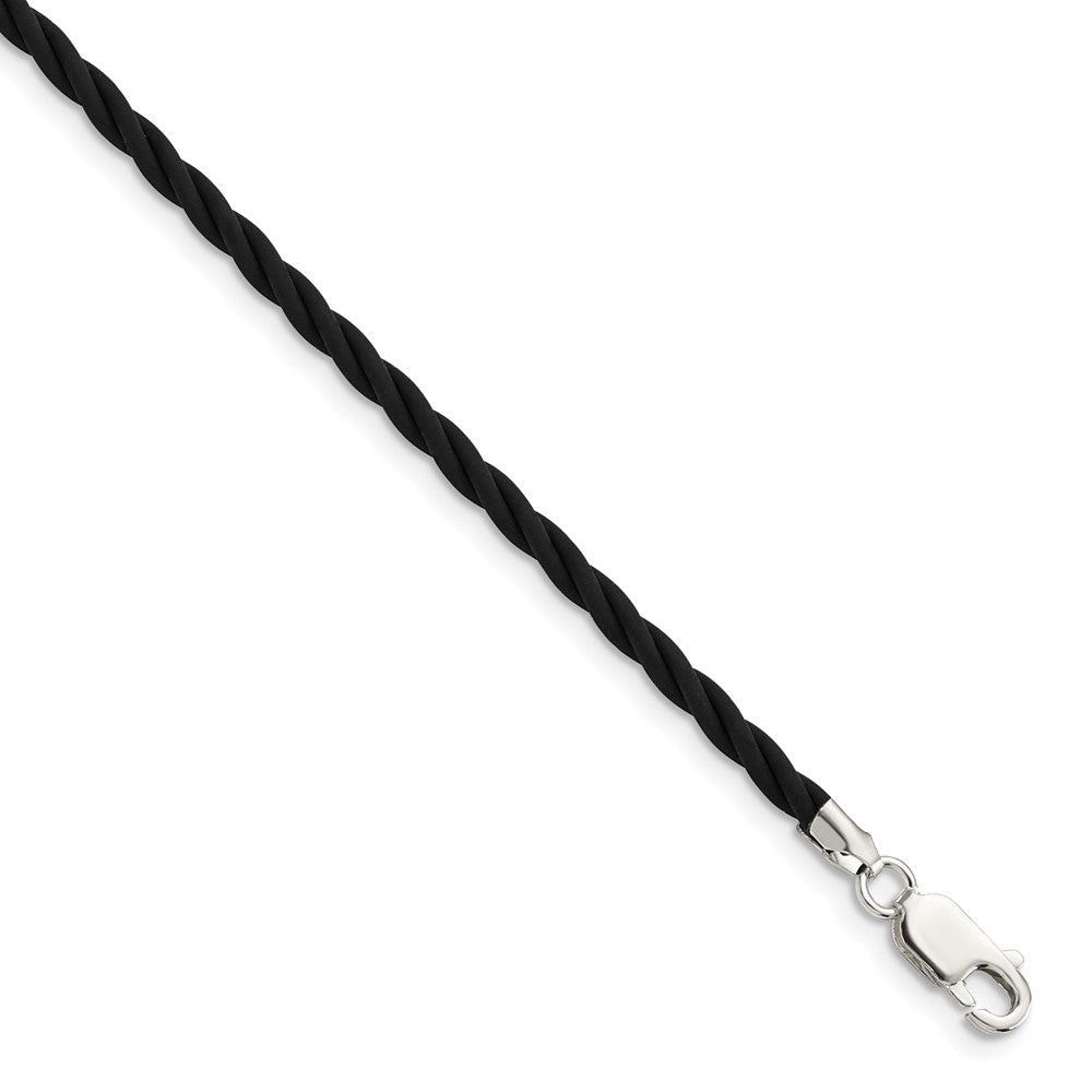 Sterling Silver 16 inch 3mm Black Twisted Rubber Necklace, 16 x 2 mm