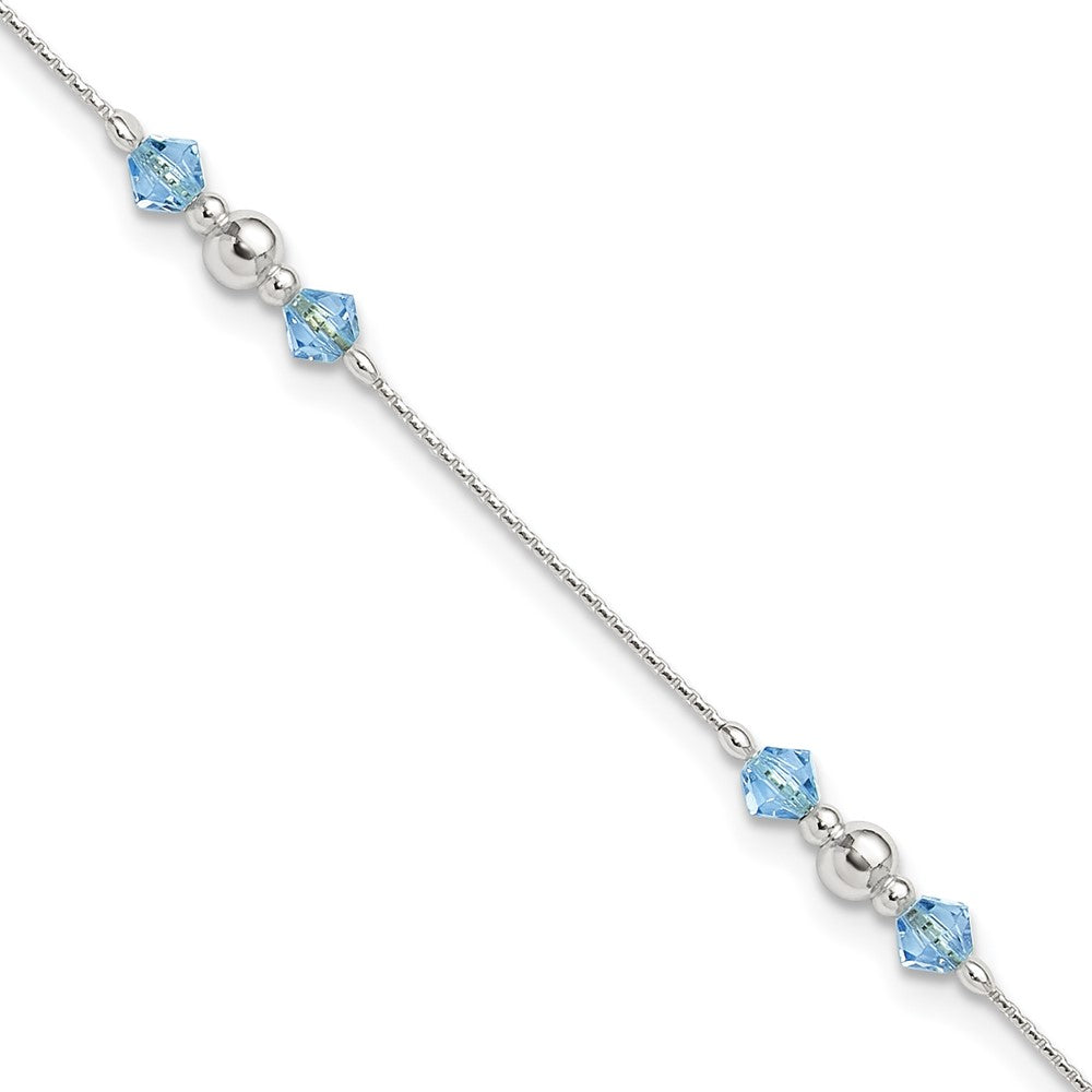 Sterling Silver Bead and Blue CZ 9 inch Plus 1 inch Extender - Total 10 inch Anklet, 10 mm