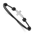 Sterling Silver Rhodium-plated CZ Cross Black Leather Adjustable Bracelet, 9 mm