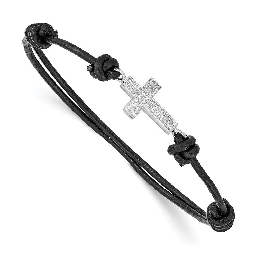 Sterling Silver Rhodium-plated CZ Cross Black Leather Adjustable Bracelet, 9 mm