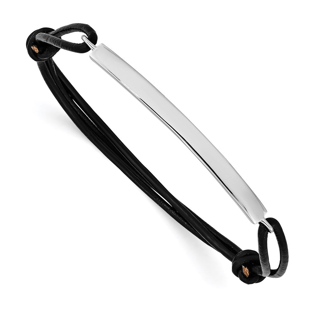 Sterling Silver Rhodium-plated ID Plate w/Black Leather Adjustable Bracelet, 4 mm