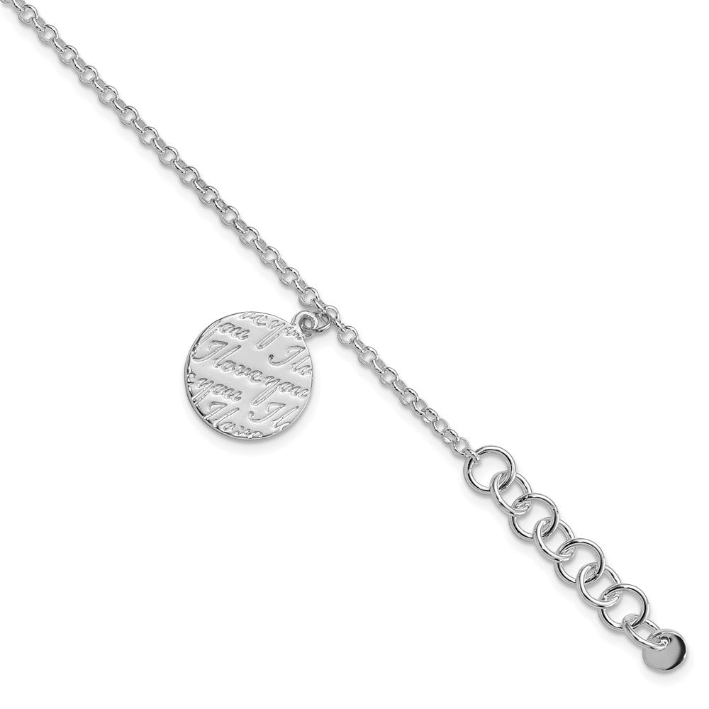 Sterling Silver Polished I Love You Circle Disc w/1in. Ext. Bracelet, 8.5 mm