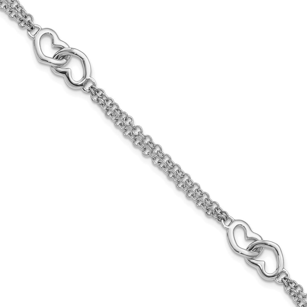 Sterling Silver Rhodium-plated Hearts Double Chain Bracelet, 7 x 8.22 mm