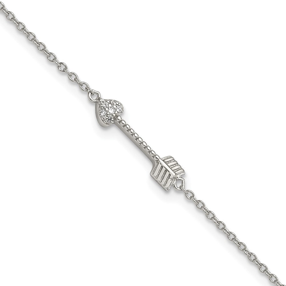 Sterling Silver Rhodium-plated Polished Arrow/Heart with CZ Bracelet, 7 x 4.5 mm