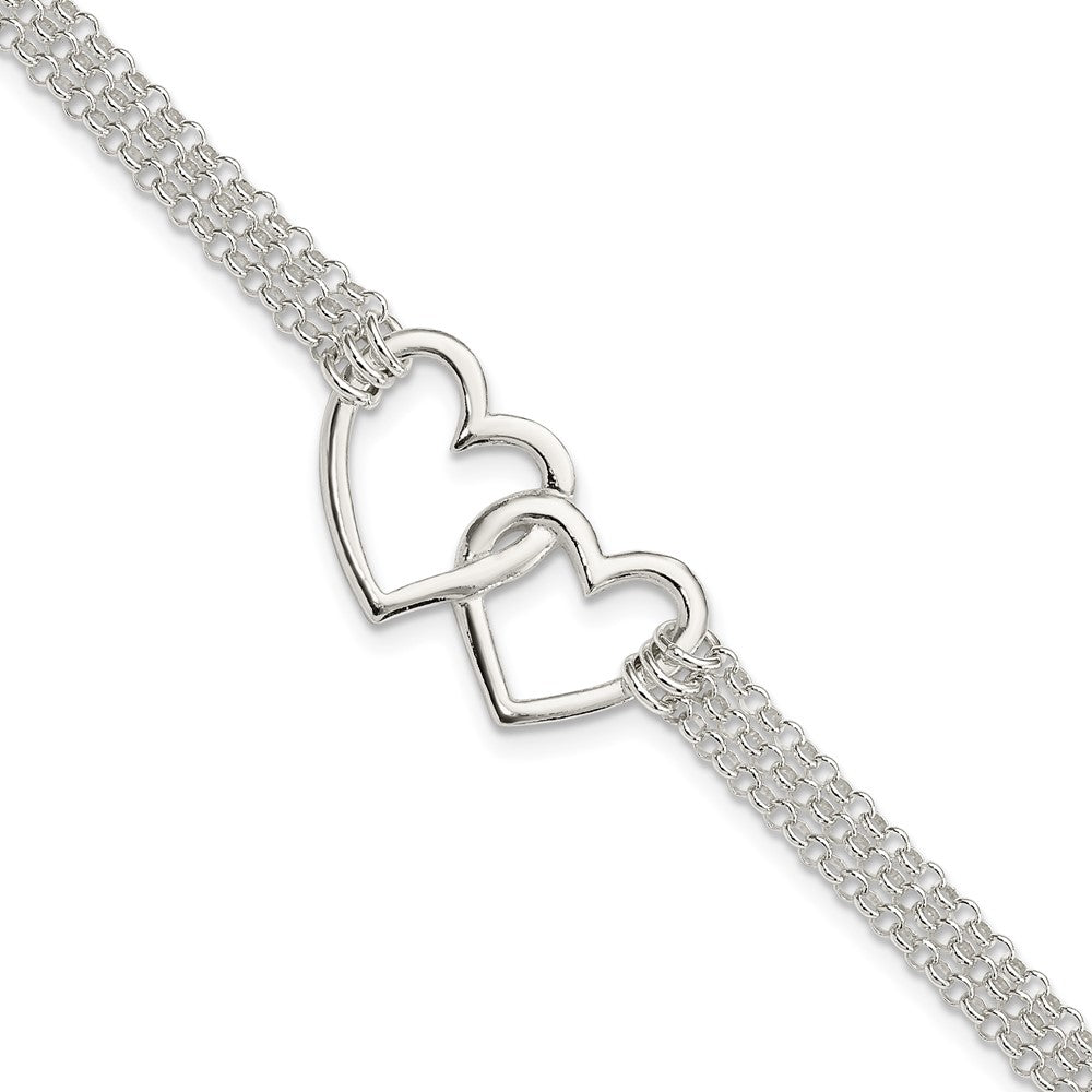 Sterling Silver Polished 3-strand w/.5in. Ext. Heart Bracelet, 7.5 x 26.78 mm