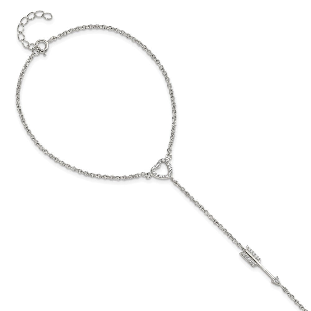 Sterling Silver Rh-plated Polished CZ Heart/Arrow Attached Ring/Bracelet, 7 mm