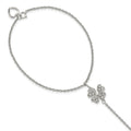 Sterling Silver RH-plat Polished CZ Four Leaf Clover Attached Ring/Bracelet, 7 mm