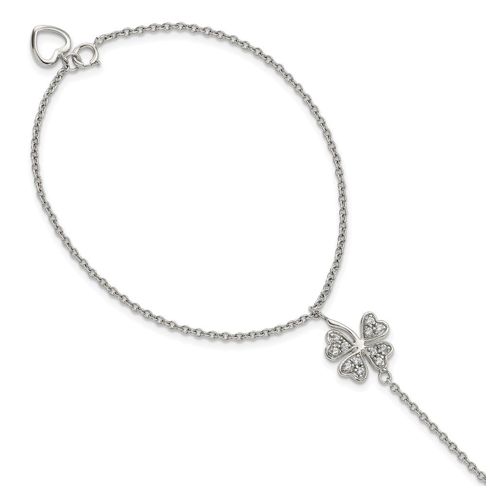 Sterling Silver RH-plat Polished CZ Four Leaf Clover Attached Ring/Bracelet, 7 mm