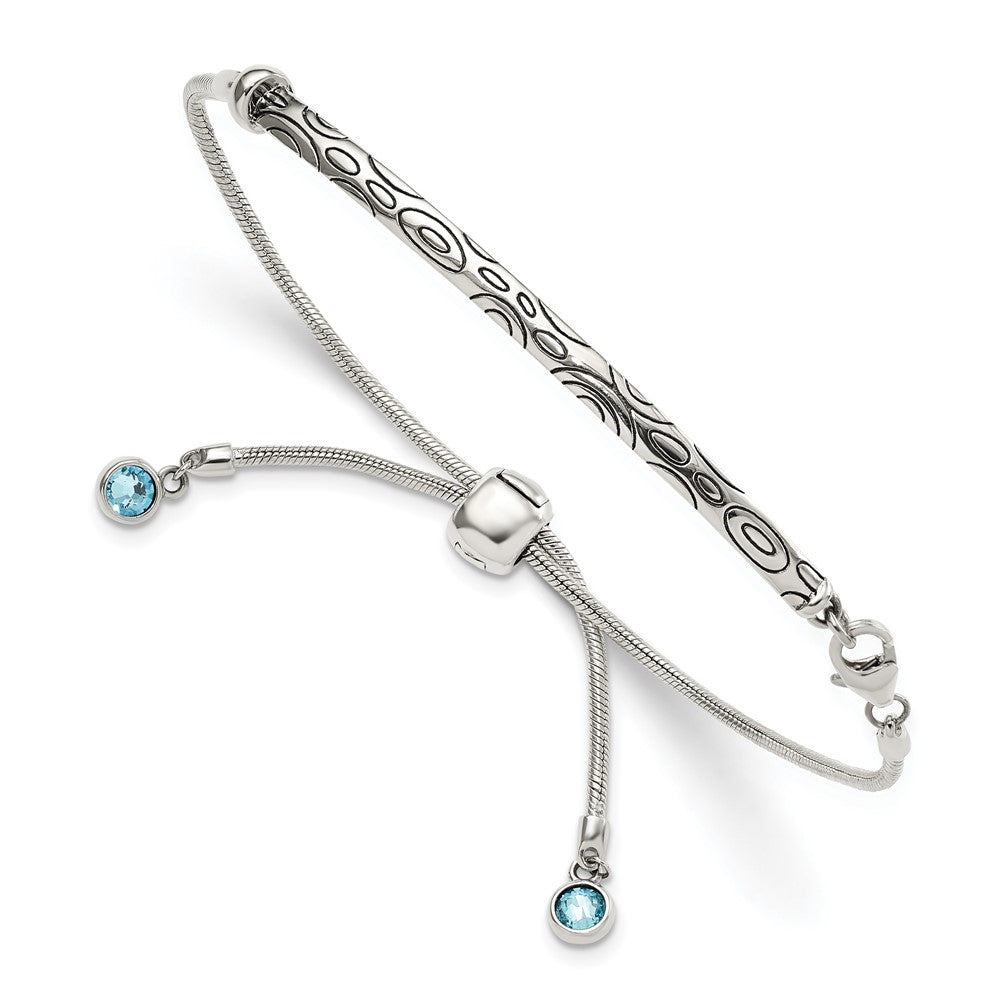 Sterling Silver Antiqued Blue Crystal Round Bezel Adjustable Bracelet, 3.5 mm