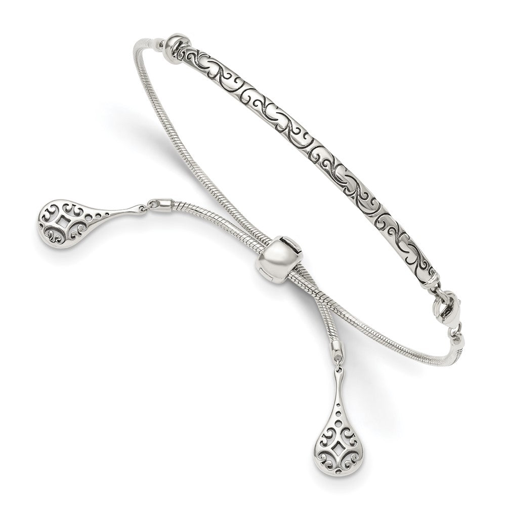 Sterling Silver Antiqued Filigree Drops Adjustable Bracelet, 3.5 mm