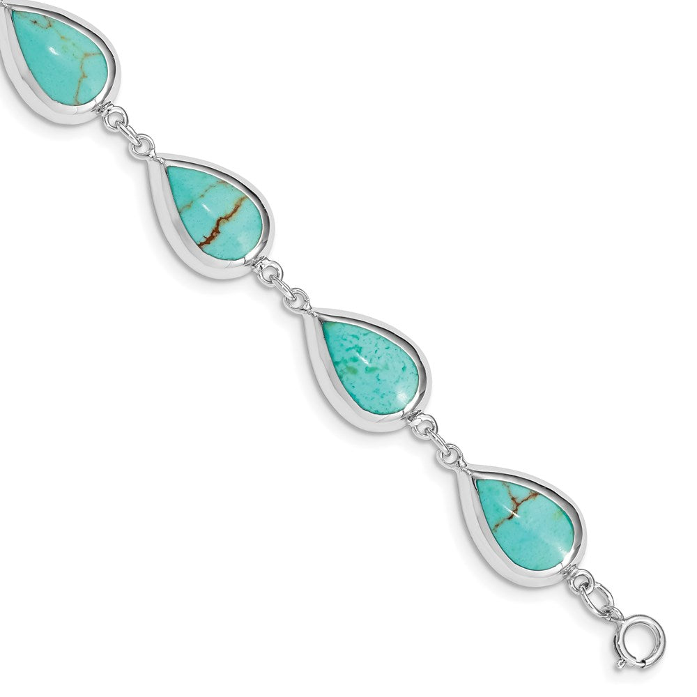 Sterling Silver Rhodium-plated Teardrop Synthetic Turquoise Bracelet, 7.75 x 9.3 mm