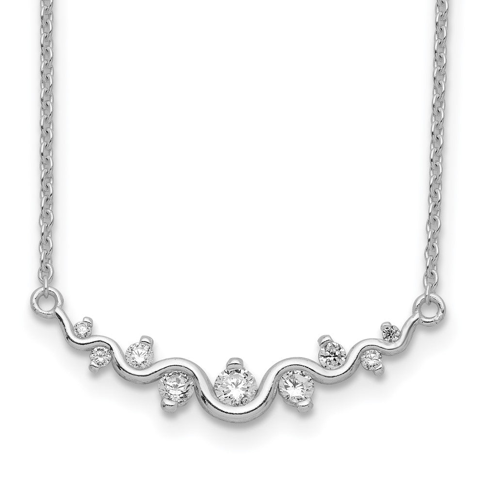 Sterling Silver Rhodium-plated Polished Fancy Wave CZ Bar Necklace, 18 x 31 mm