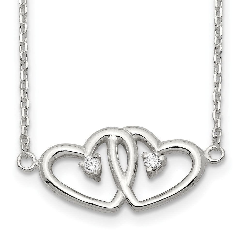 Sterling Silver Polished Two Hearts CZ Necklace, 18 x 29 mm