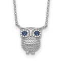 Sterling Silver RH-pltd Blue Glass Stone Owl 2in ext Necklace, 16 mm
