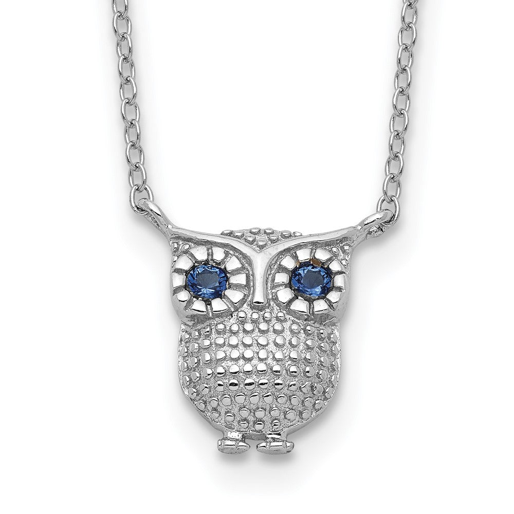 Sterling Silver RH-pltd Blue Glass Stone Owl 2in ext Necklace, 16 mm