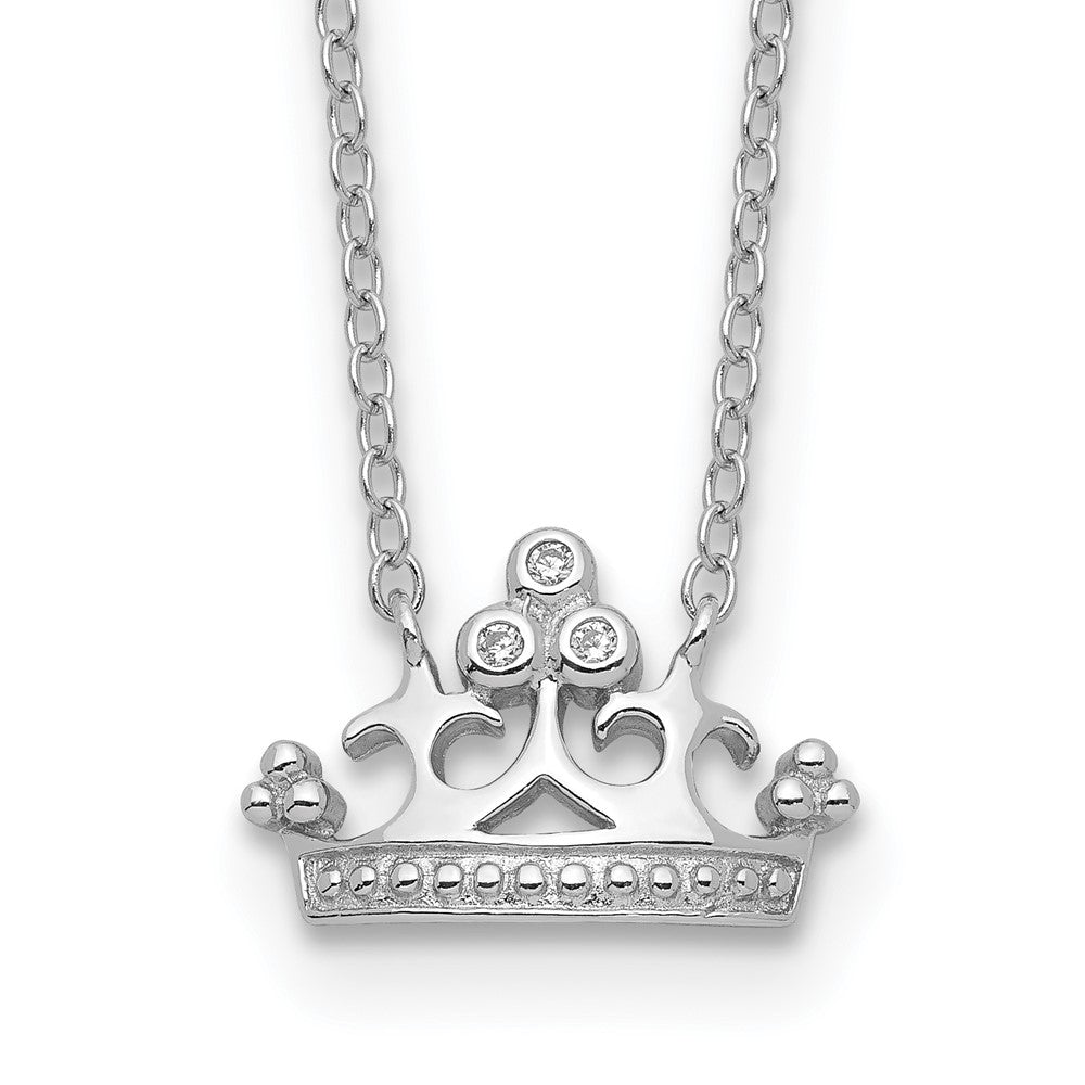 Sterling Silver Rhodium-plated Polished & Beaded CZ Crown with 2 Inch Extension Necklace, 18 x 9 mm