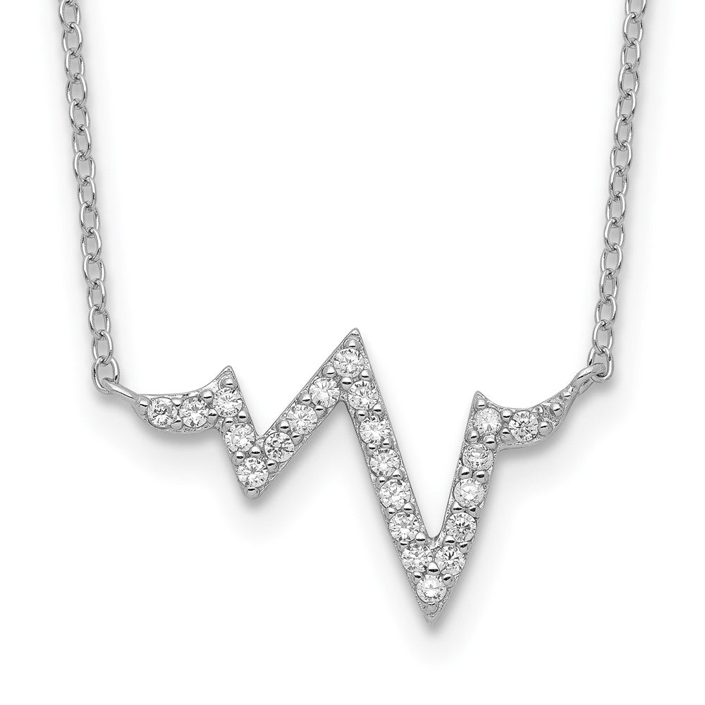 Sterling Silver Rhodium-plated CZ Heartbeat w/2in ext. Necklace, 18 x 22 mm