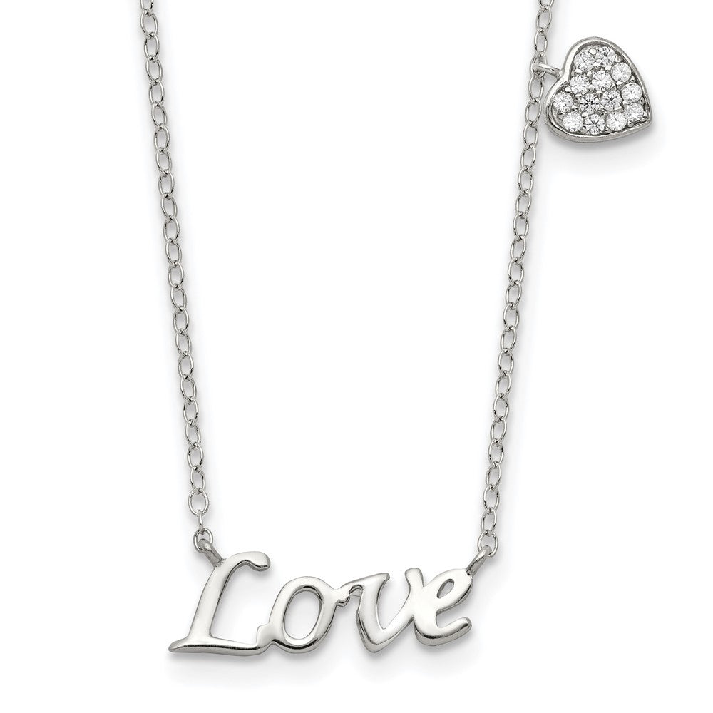 Sterling Silver Rhodium-plated Polished LOVE with CZ Heart Necklace, 18 x 19 mm