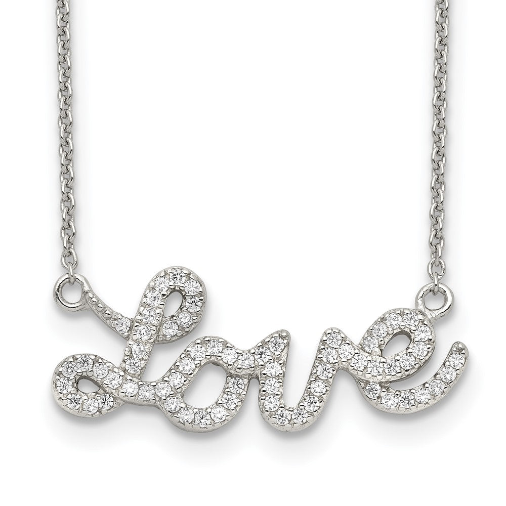 Sterling Silver Rhodium-plated Polished CZ LOVE 18in Necklace, 18 x 27 mm