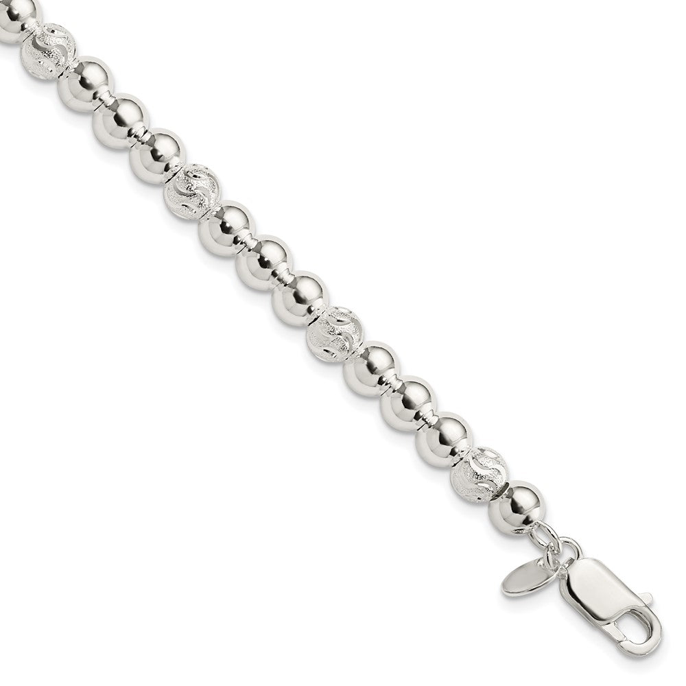Sterling Silver Polished Diamond-cut Beaded Bracelet, 7.5 mm
