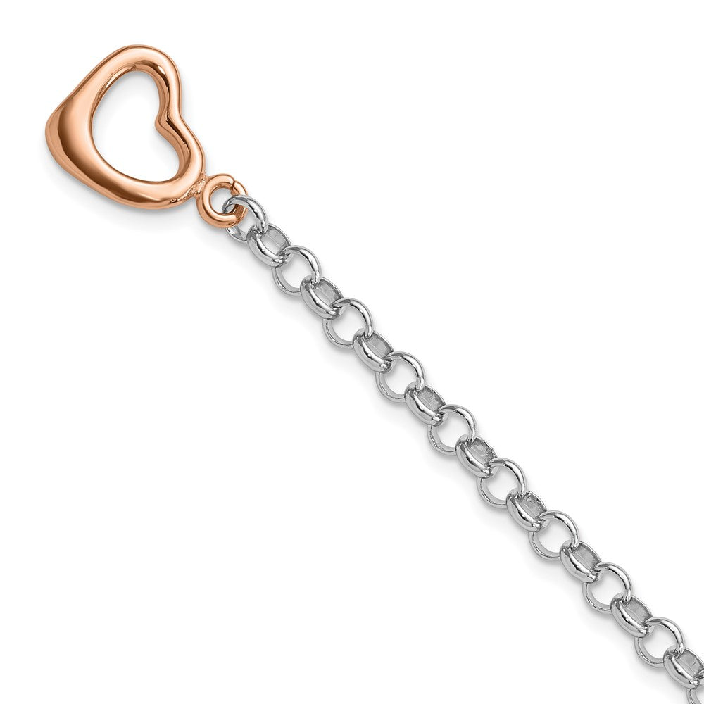 Sterling Silver Rhodium-plated Rose-tone Rolo w/Heart Bracelet, 7.75 x 13.75 mm