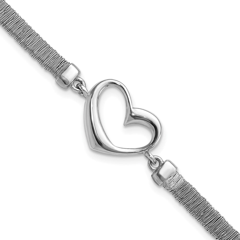 Sterling Silver Polished Wire Wrapped Texture Heart w/ .75in Ext Bracelet, 8.25 x 13.25 mm