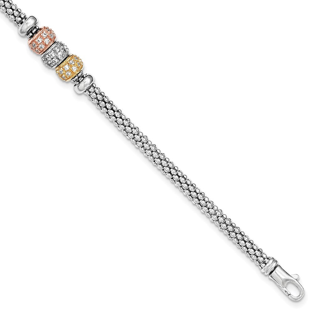 Sterling Silver Rose And Yellow Gold-tone CZ Beads Mesh Bracelet, 7.5 mm