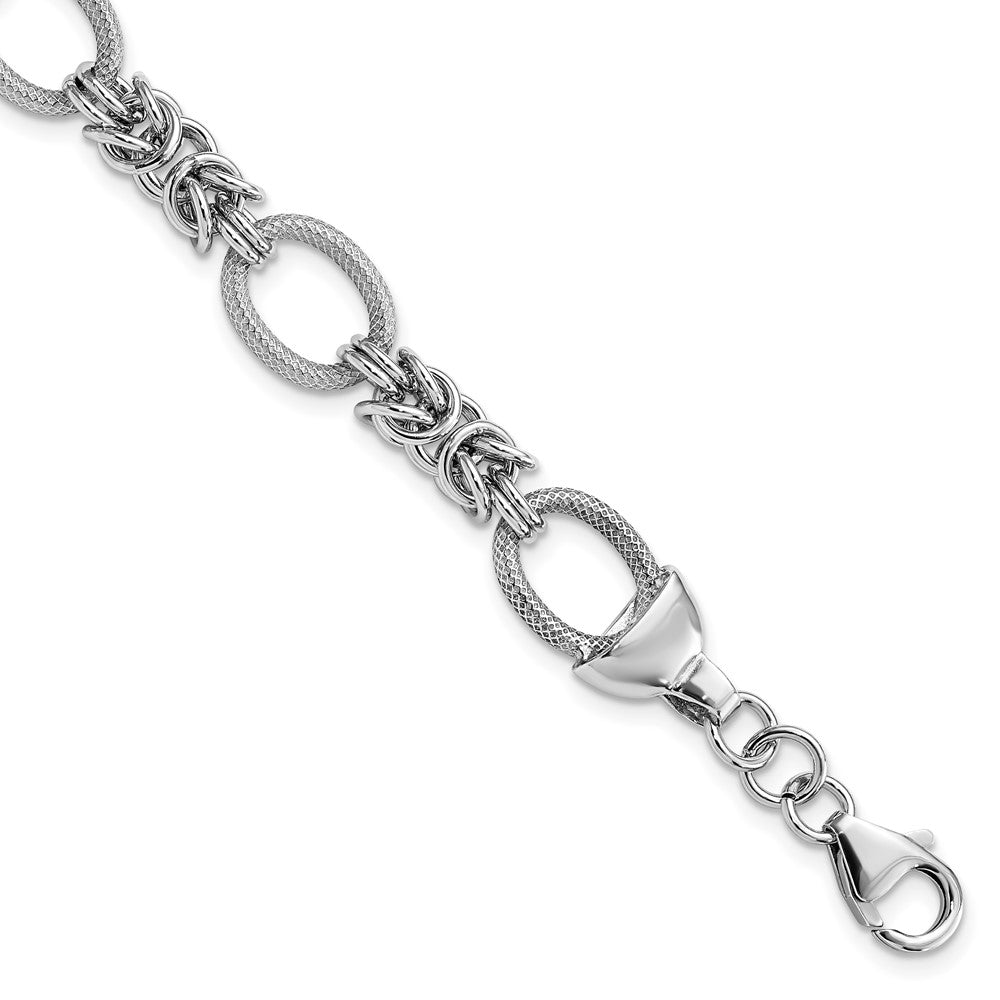 Sterling Silver Rhod-plated Polished Textured Fancy Link Bracelet, 7.5 mm