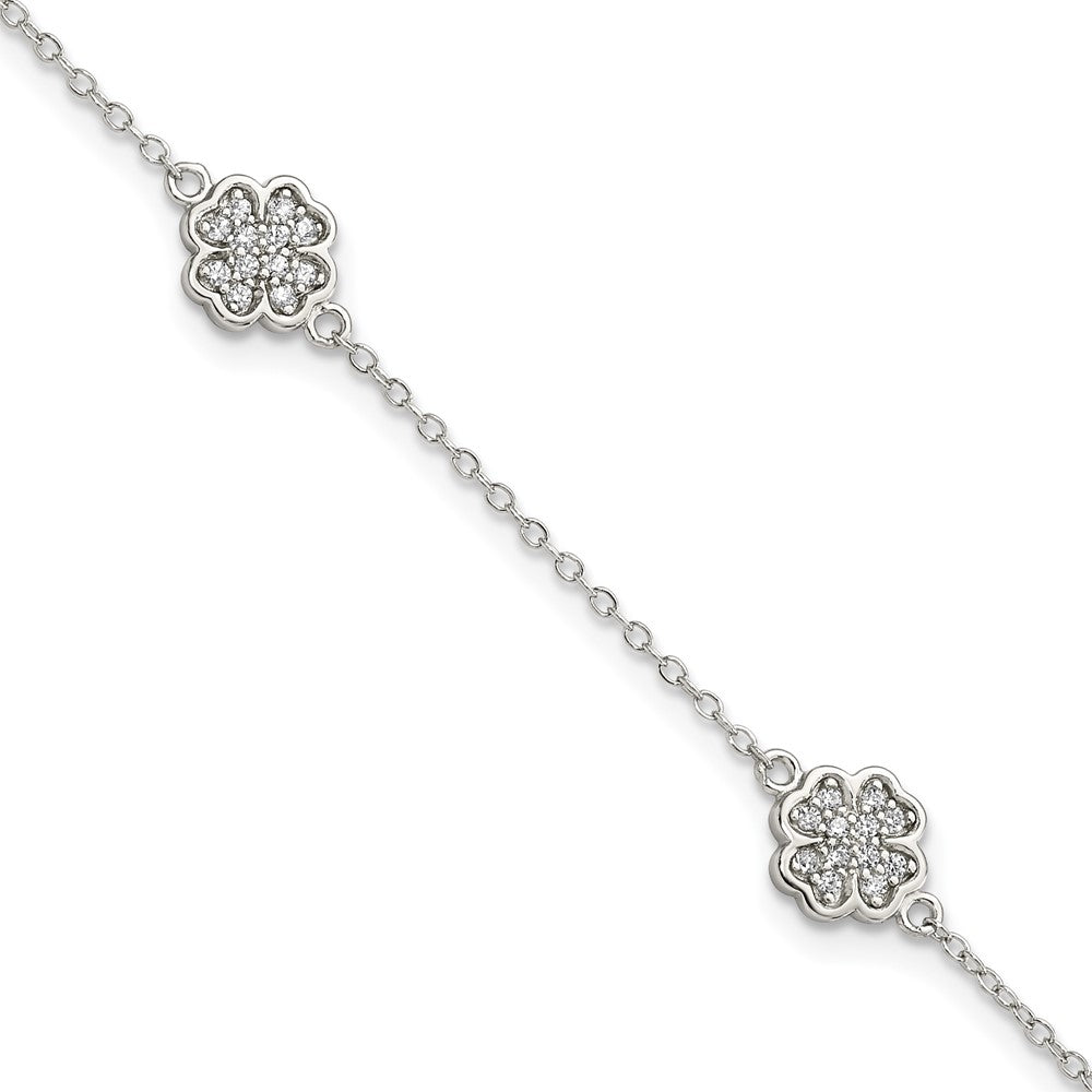 Sterling Silver Rhodium-plated Polished CZ Four Leaf Clover 7in Bracelet, 7 x 7.5 mm