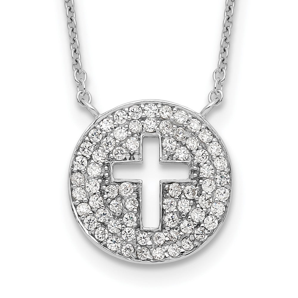 Sterling Silver 18in Rhodium-plated Polished CZ Cross Necklace, 18 mm