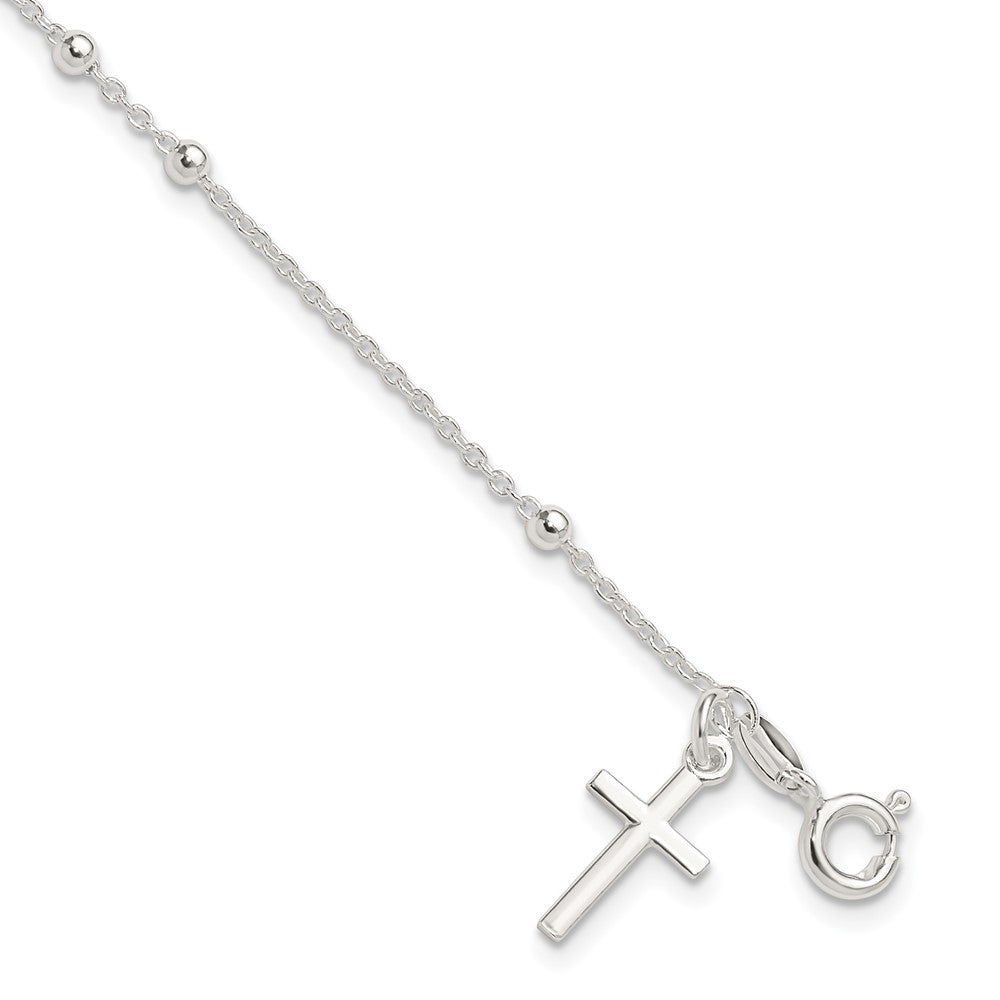 Sterling Silver Beaded Cross Charm Bracelet, 7.5 mm