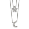 Sterling Silver RH-plated Polished CZ Moon and Star Double Strand Necklace, 16 x 10 mm