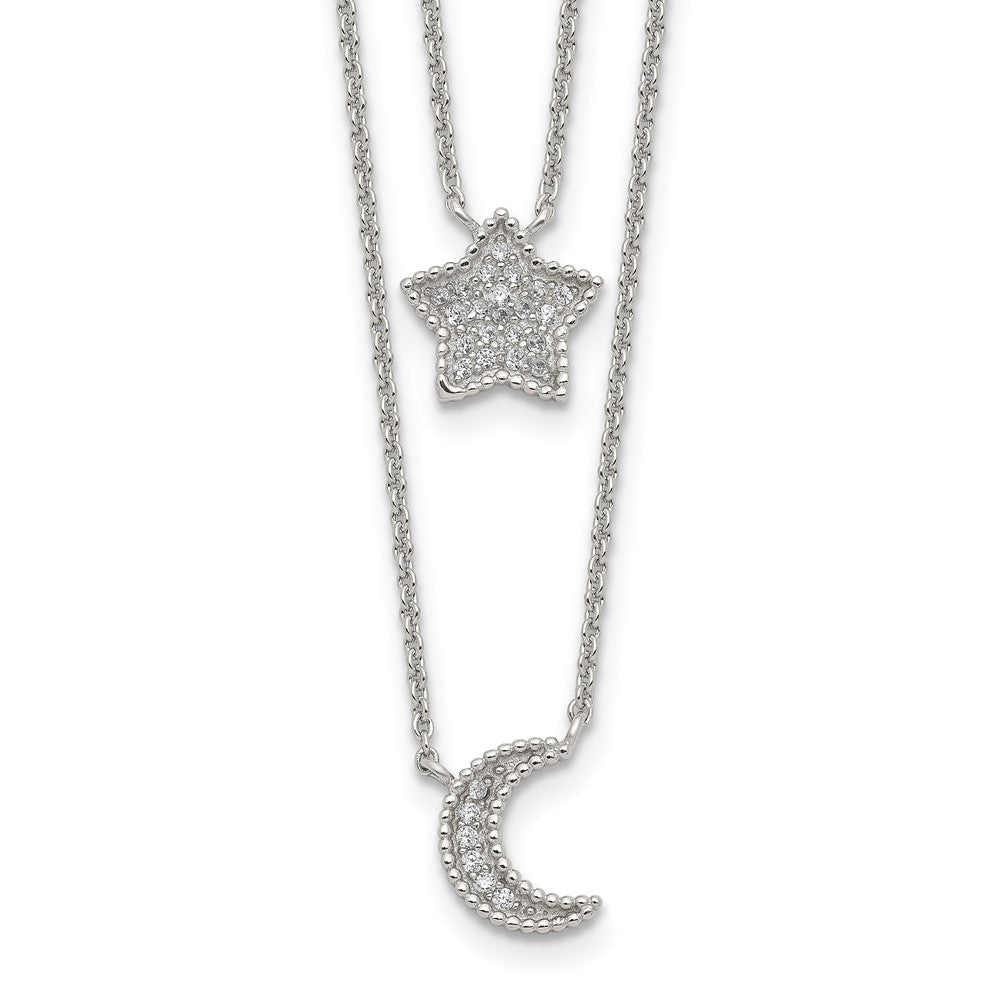 Sterling Silver RH-plated Polished CZ Moon and Star Double Strand Necklace, 16 x 10 mm