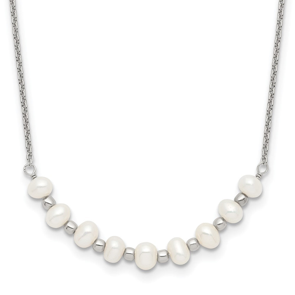 Sterling Silver Polished & Beaded 3-4mm Semi-round Freshwater Cultured Pearl Curved Children's Necklace, 16.5 mm