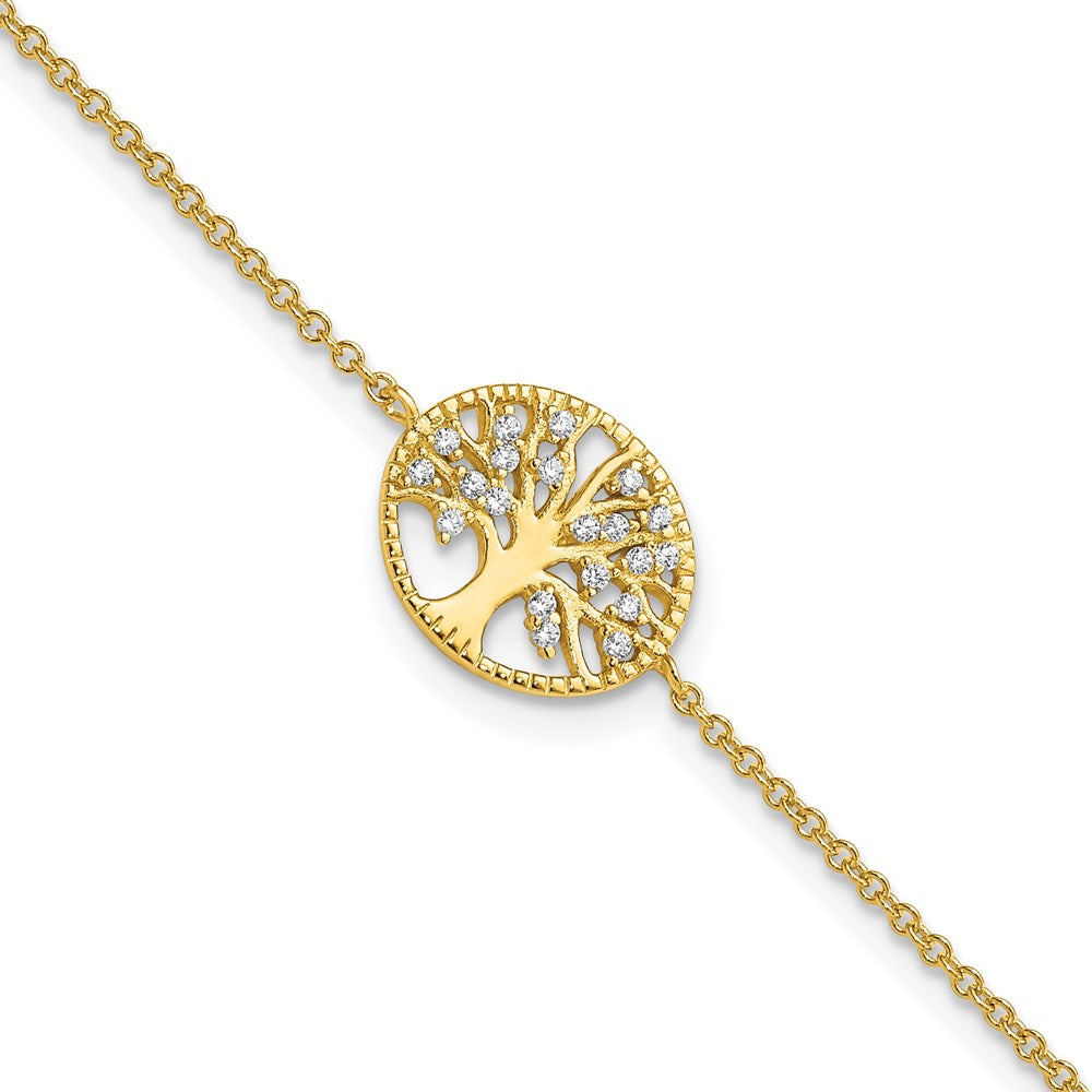 Sterling Silver Polished Gold-plated Tree with CZ Bracelet, 7 x 14 mm