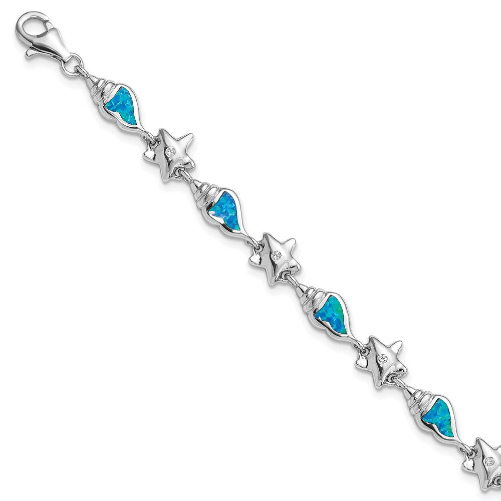 Sterling Silver Rhodium Starfish CZ and Created Opal Seashell 7.25 inch Bracelet, 7.25 x 8.4 mm