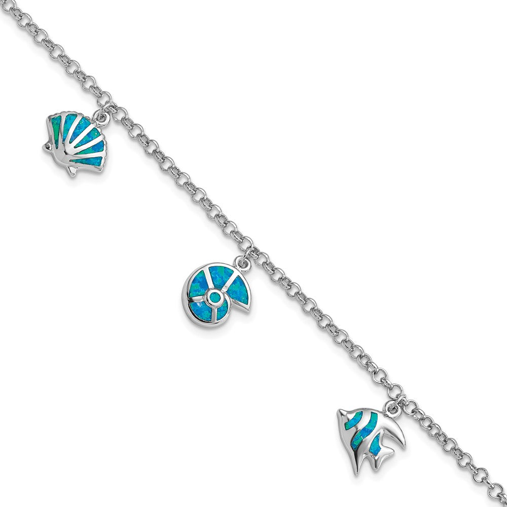 Sterling Silver Rhodium Created Opal Fish and Shells Charm 7.25 inch Bracelet, 7.25 x 15.5 mm